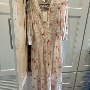 LoveShackFancy Floral Long Sleeve Dress - Cream and Pink